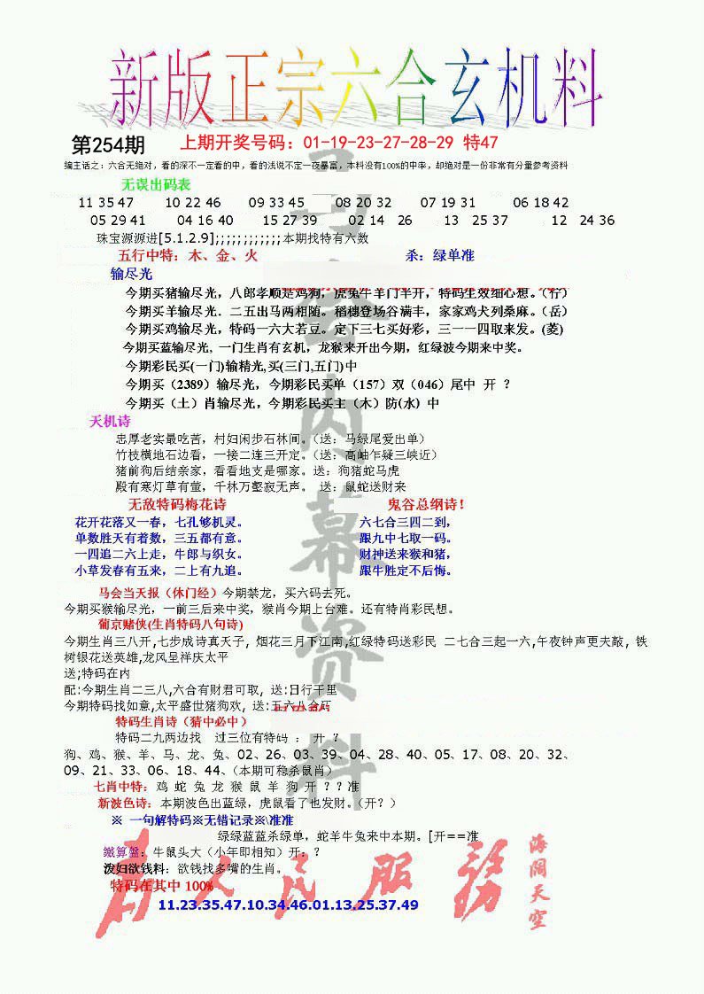 2024254期正宗六合玄机料