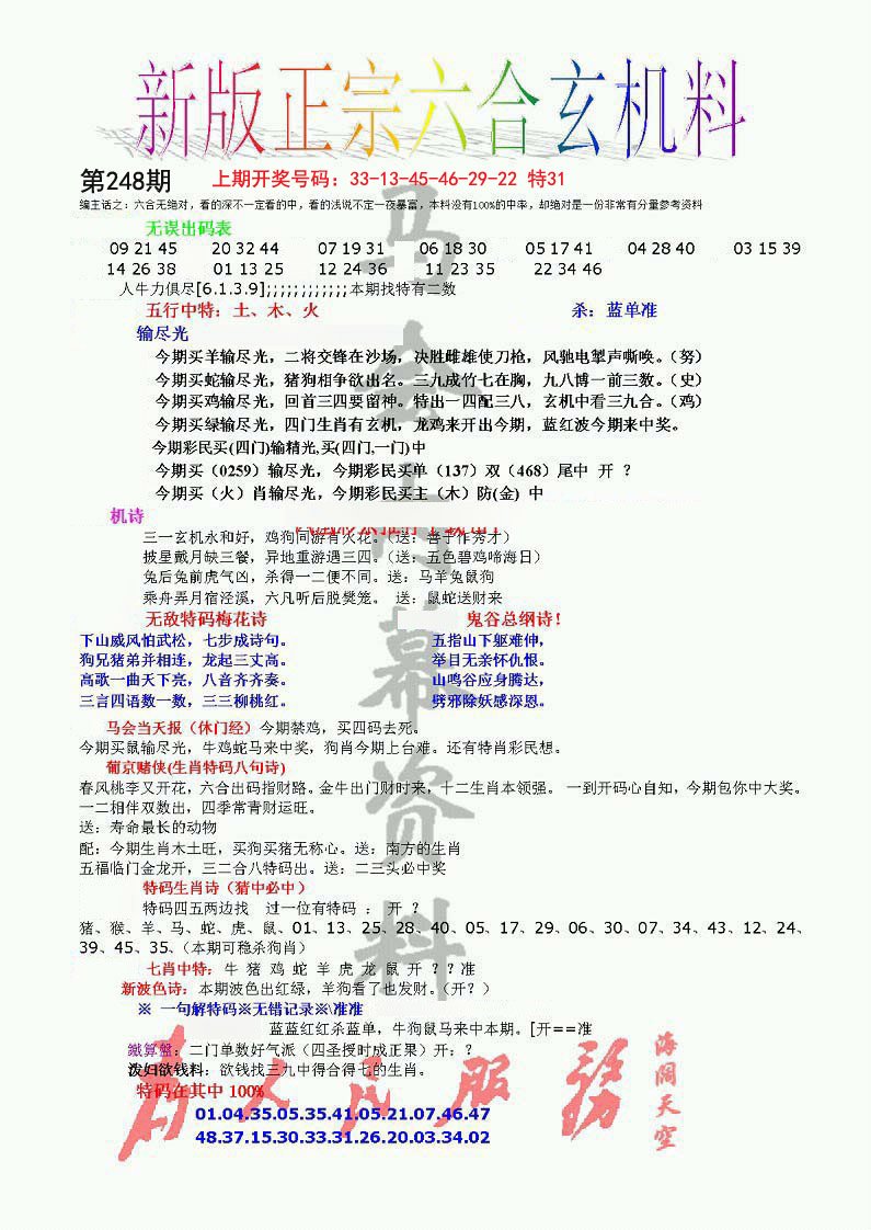 2024248期正宗六合玄机料