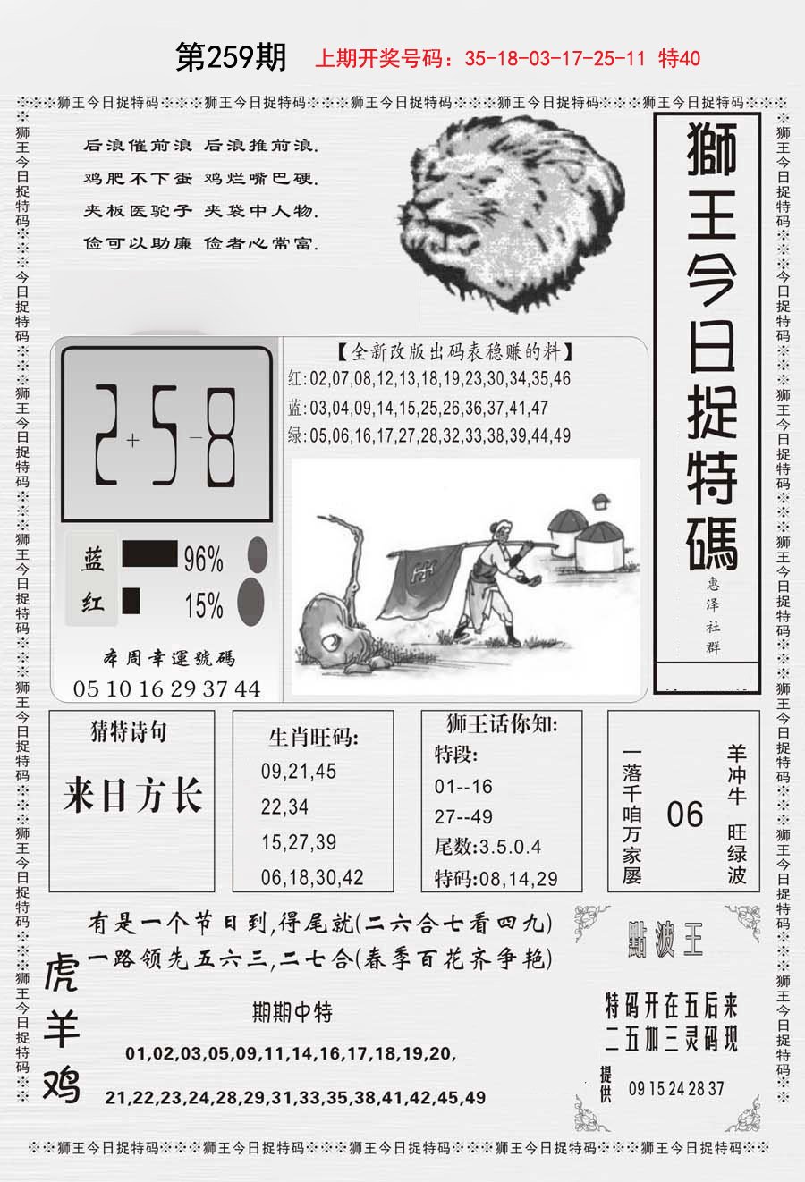 2024259期狮王今日抓特码