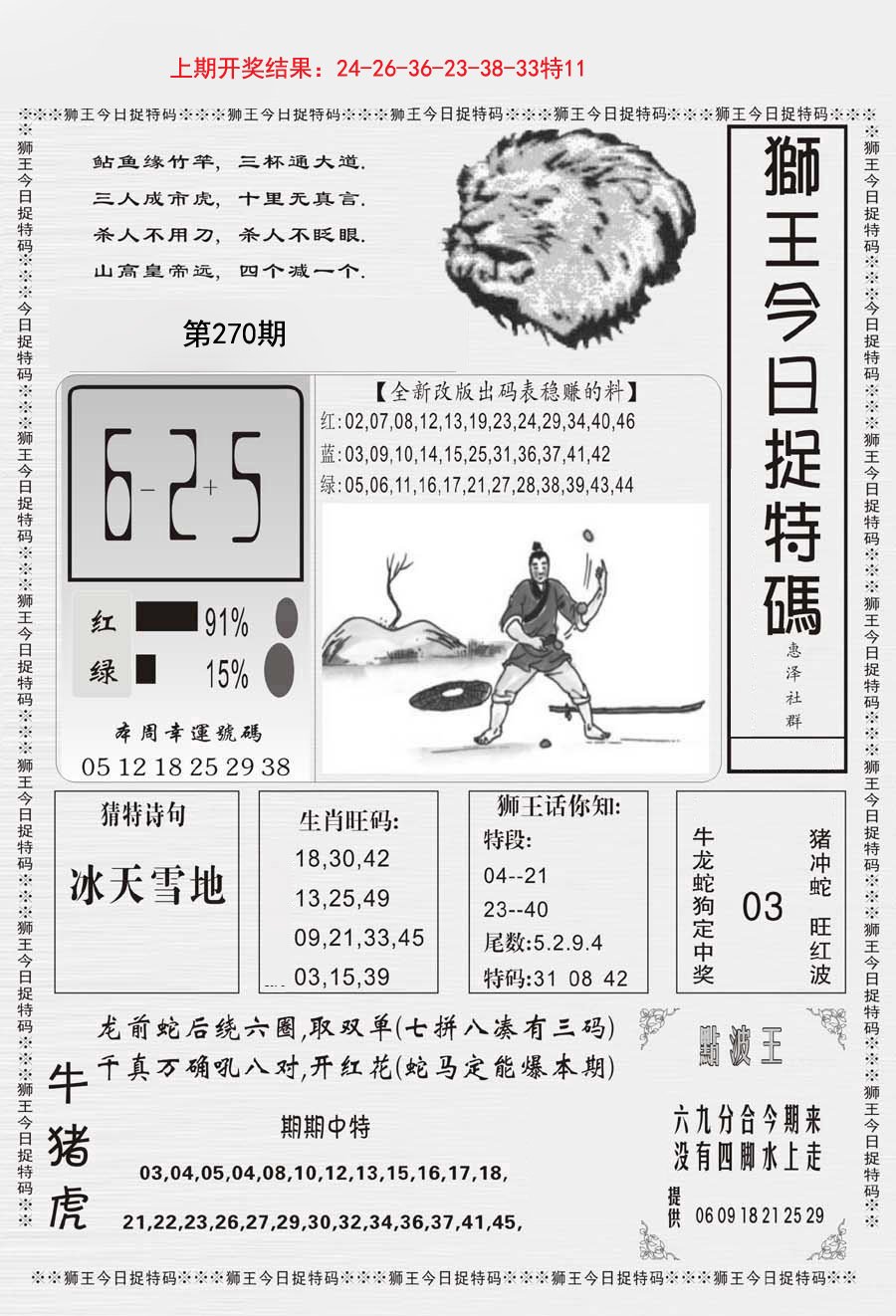 2024270期狮王今日抓特码