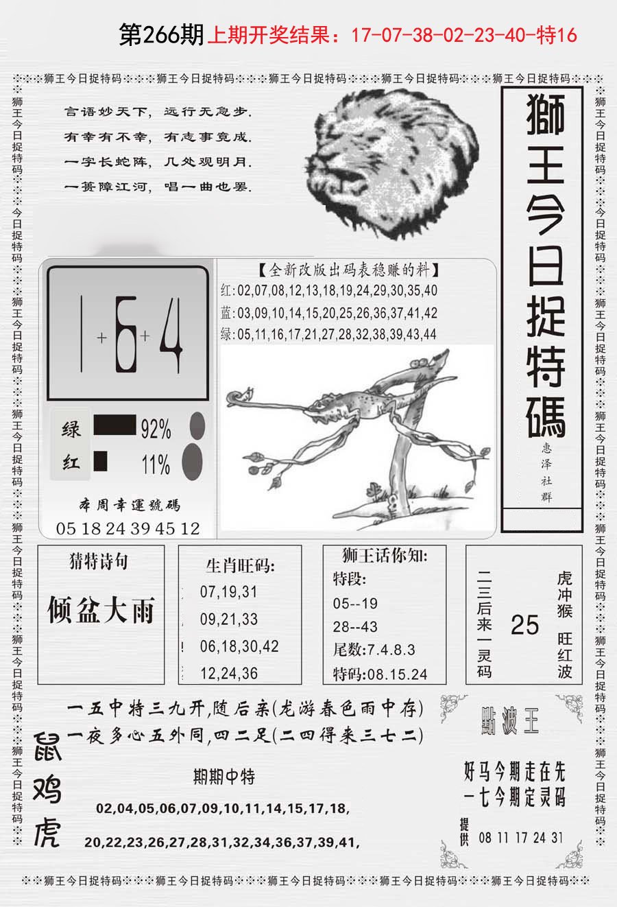 2024266期狮王今日抓特码