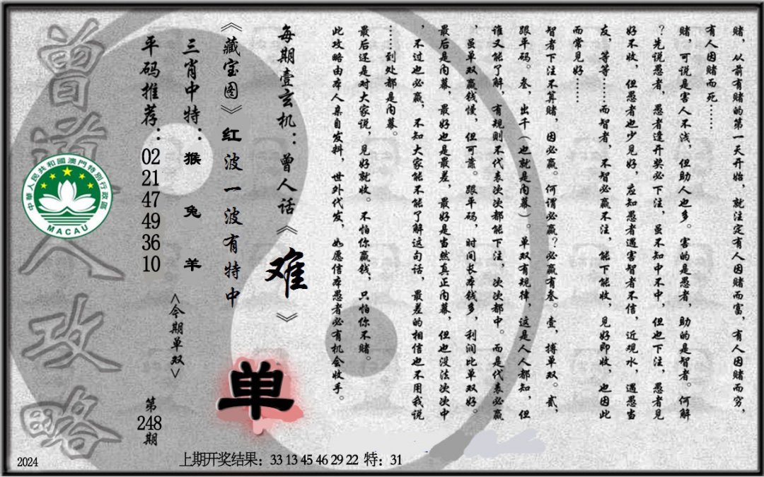 2024248期老《曾道人攻略》
