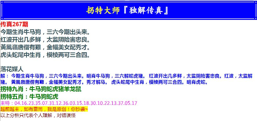 2024267期拐特大师澳门传真