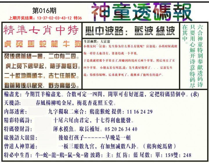 2025016期神童透码报