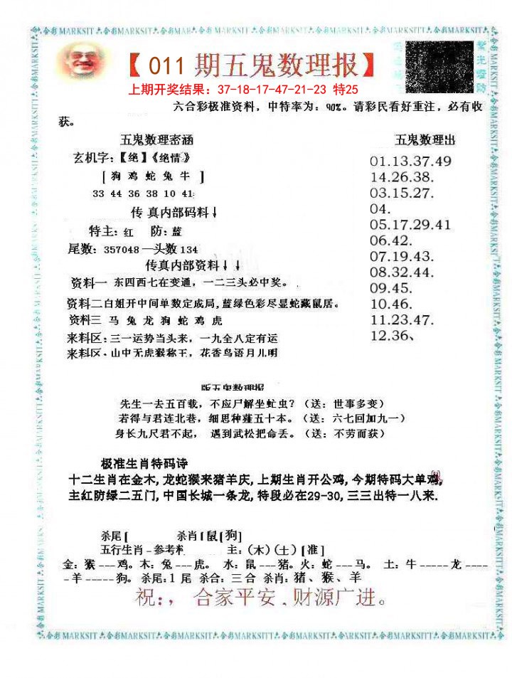 2025011期五鬼数理报