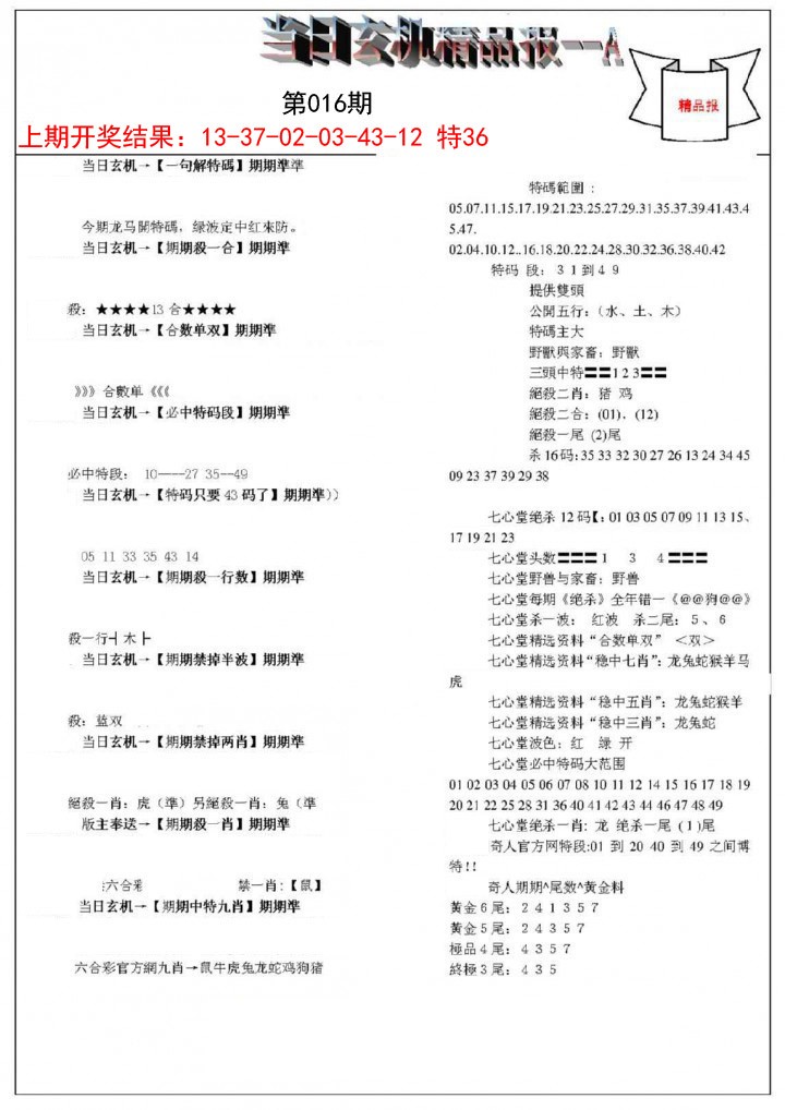 2025016期当日玄机精品报A
