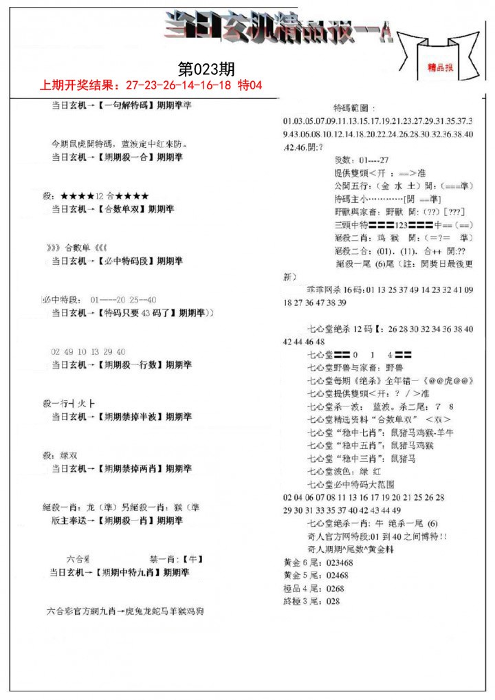 2025023期当日玄机精品报A