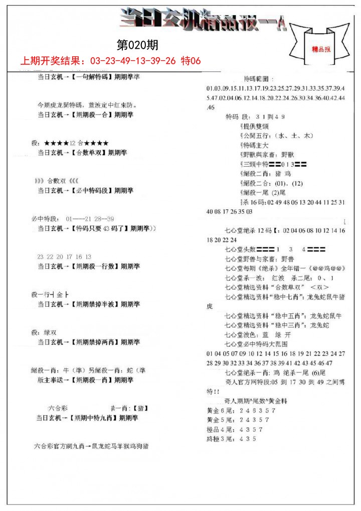 2025020期当日玄机精品报A