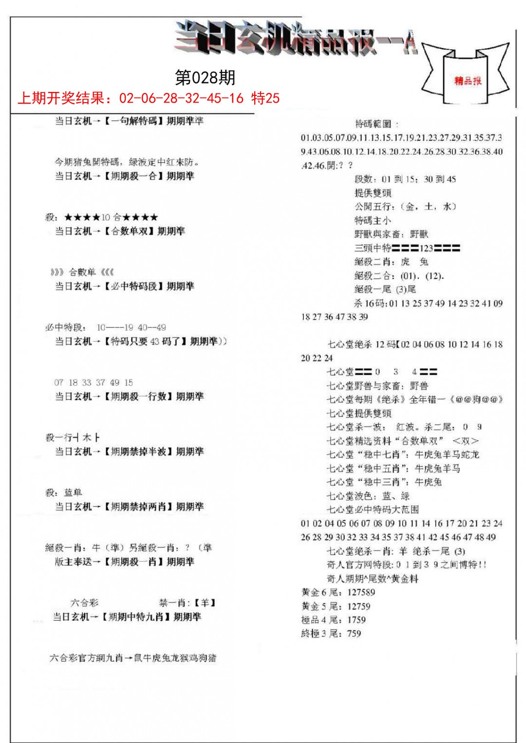 2025028期当日玄机精品报A