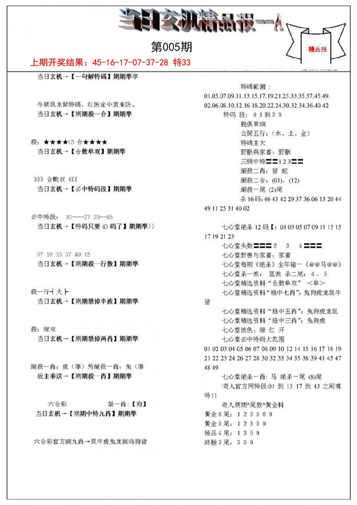2025005期当日玄机精品报A