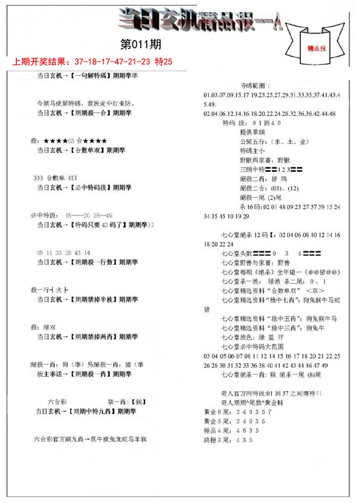 2025011期当日玄机精品报A