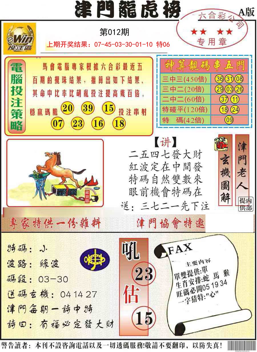 2025012期津门龙虎榜A