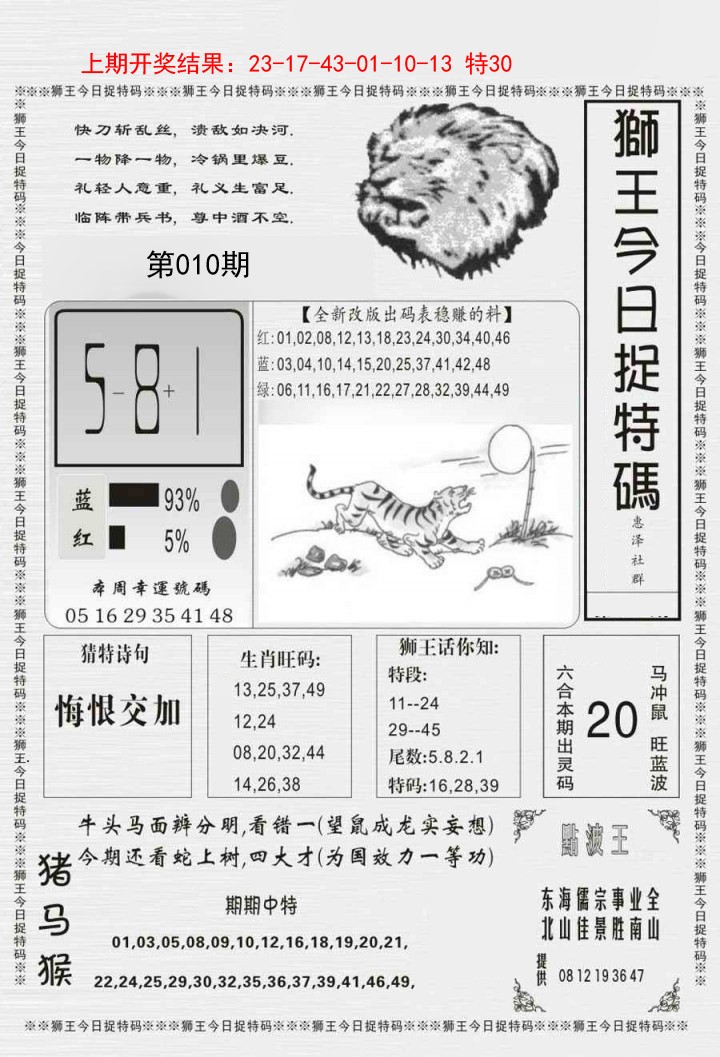 2025010期狮王今日抓特码