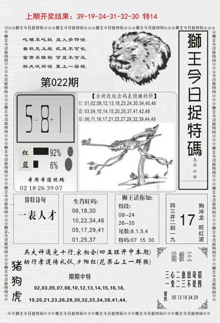 2025022期狮王今日抓特码