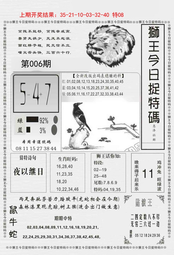 2025006期狮王今日抓特码