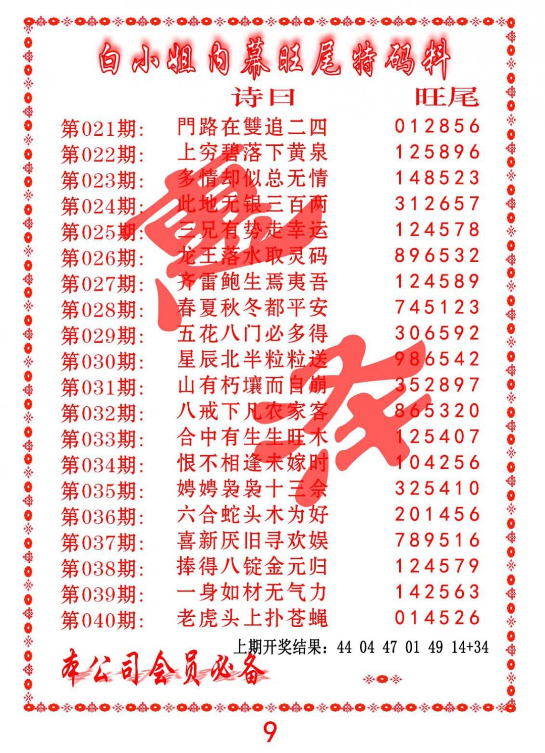 2025021期内幕旺尾特码料