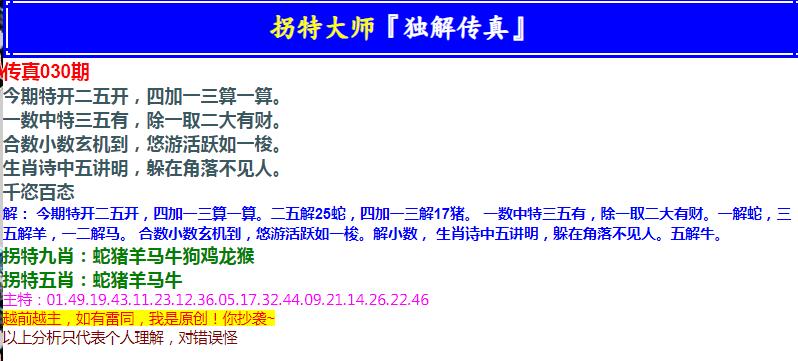 2025030期拐特大师澳门传真