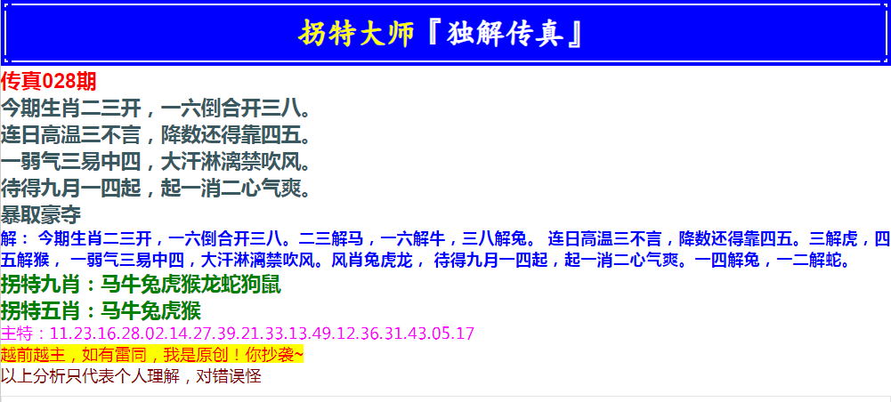 2025028期拐特大师澳门传真