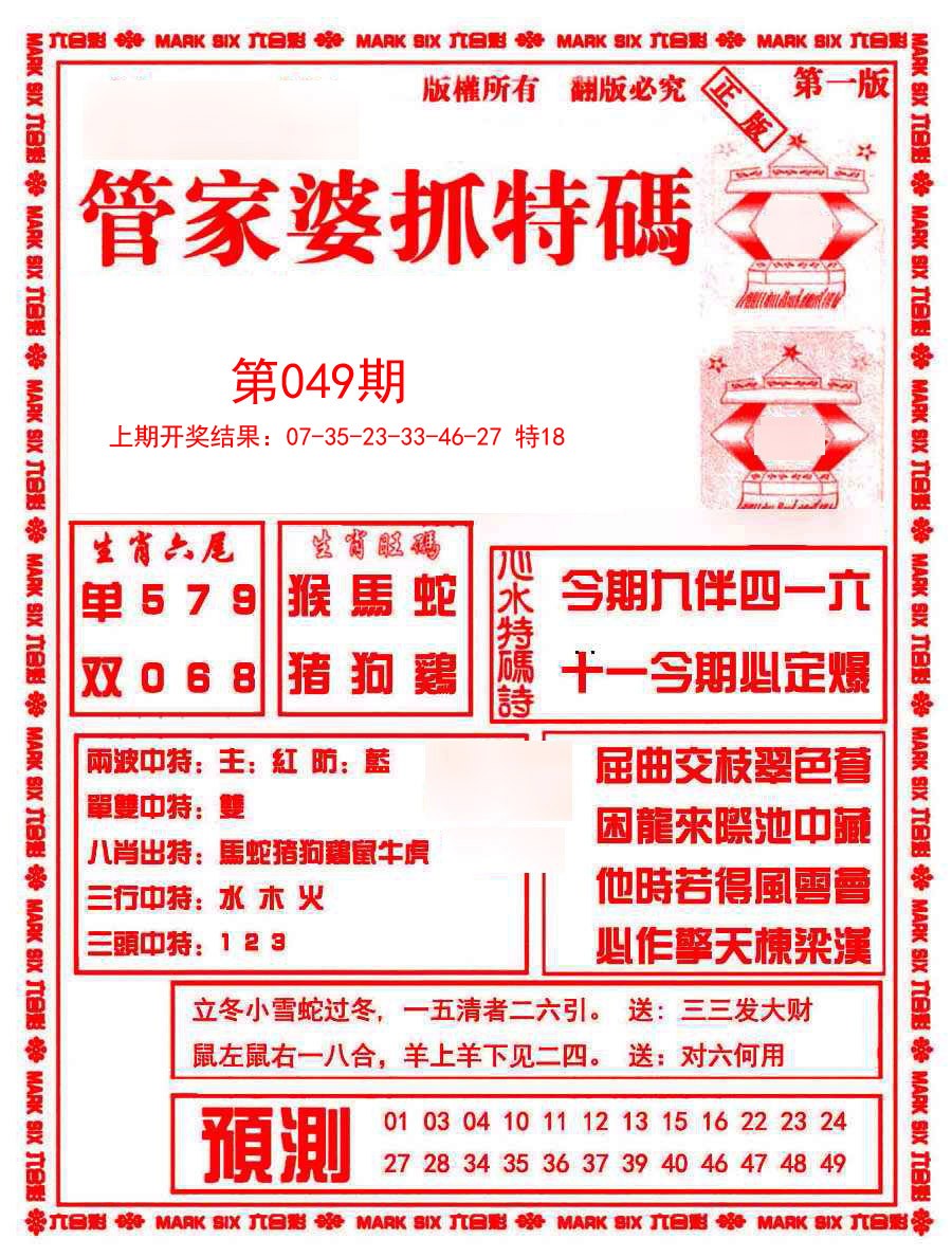 2025049期管家婆抓特码A