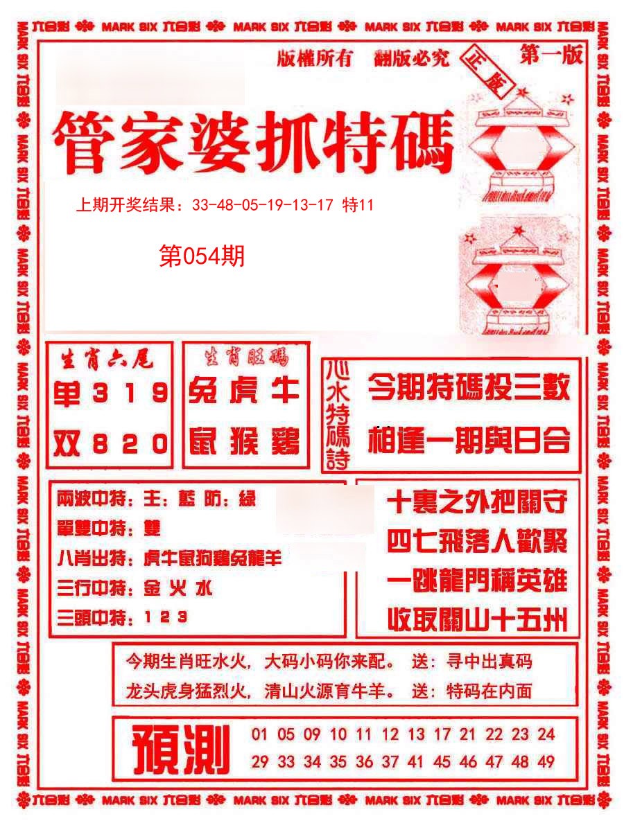 2025054期管家婆抓特码A