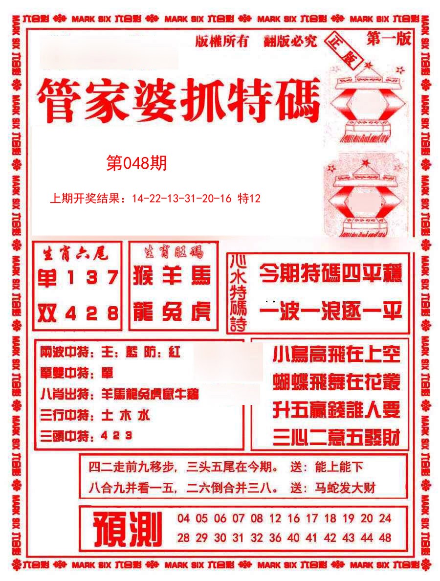 2025048期管家婆抓特码A
