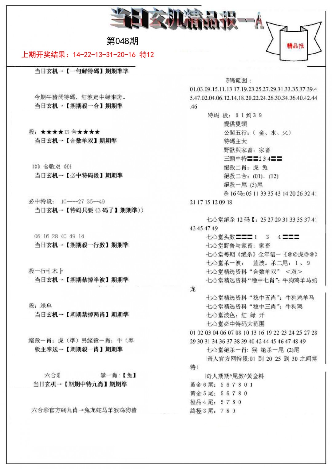 2025048期当日玄机精品报A