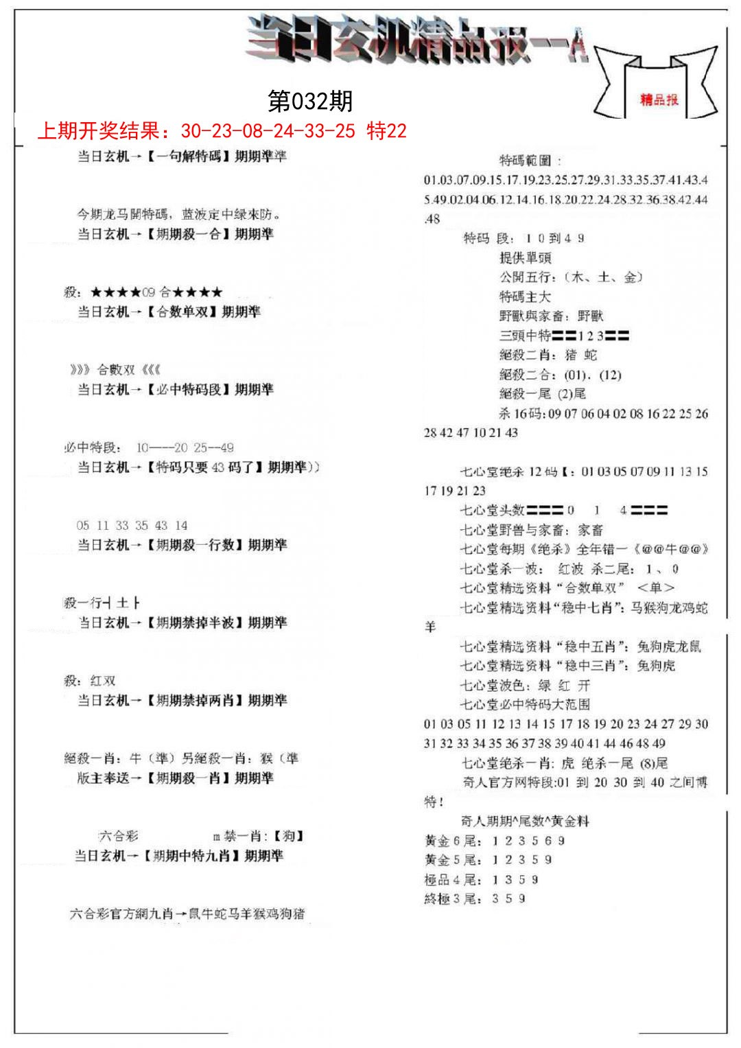 2025032期当日玄机精品报A