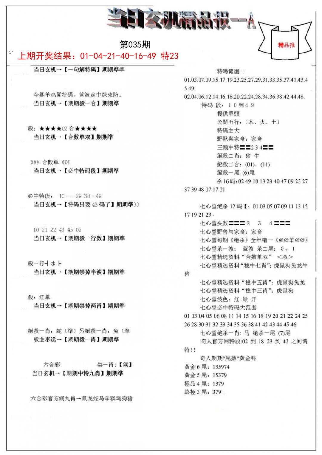 2025035期当日玄机精品报A