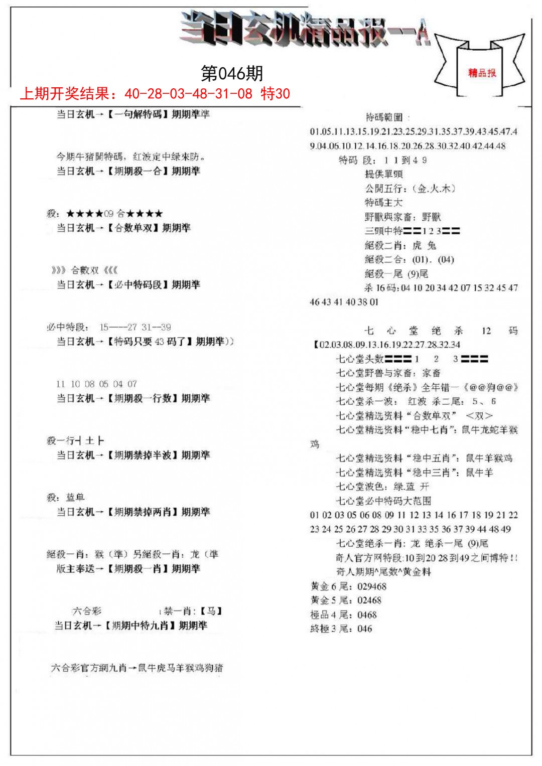 2025046期当日玄机精品报A