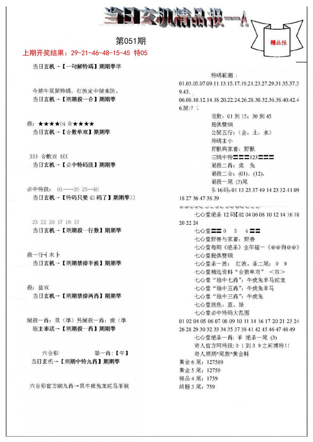 2025051期当日玄机精品报A