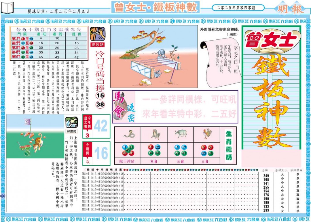 2025040期曾女士铁板神数A