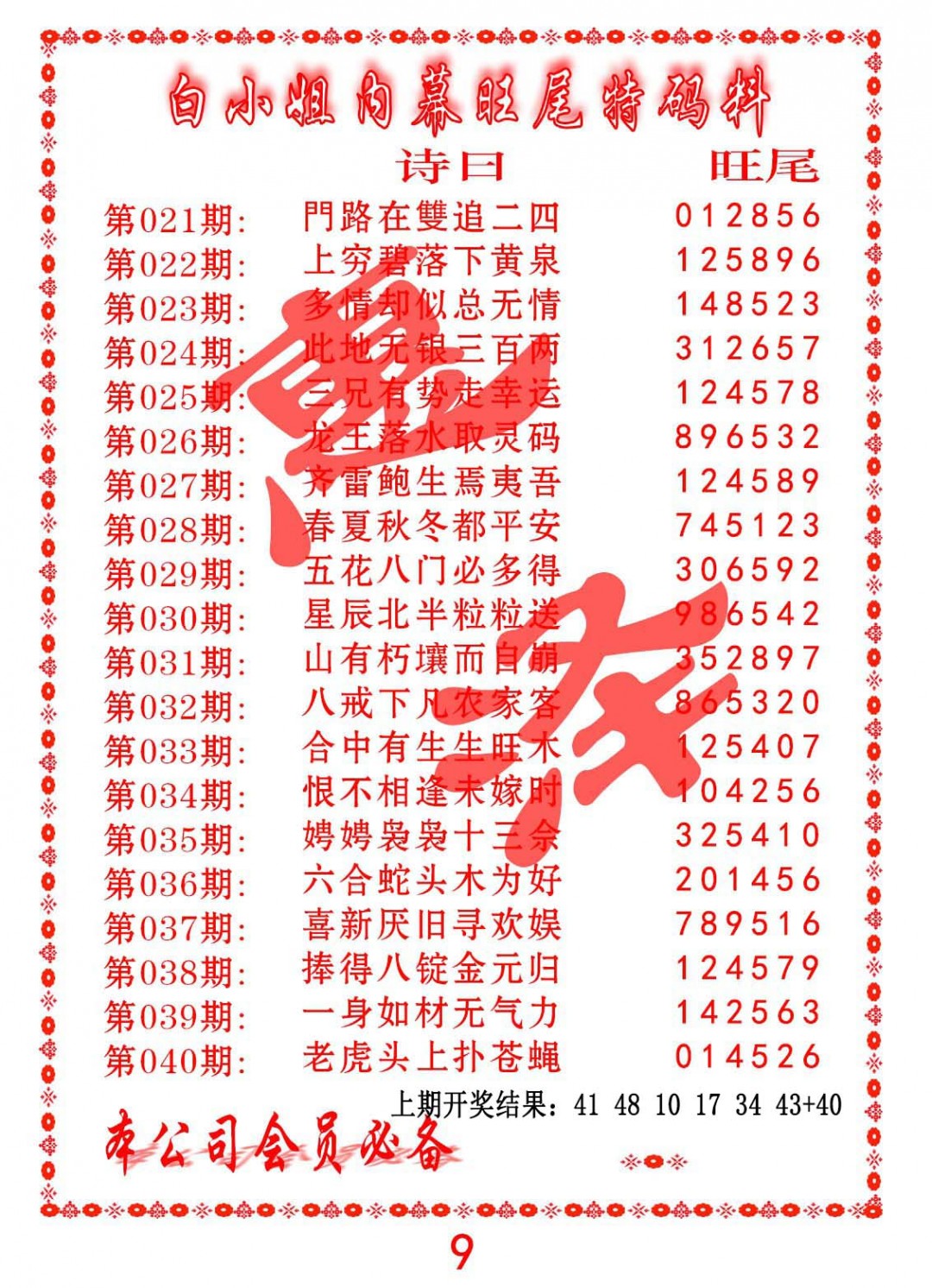 2025040期内幕旺尾特码料