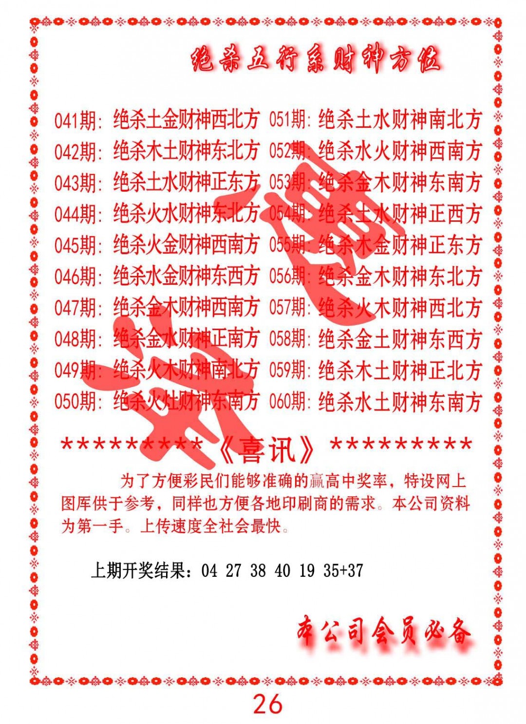 2025044期绝杀五行及财神方位