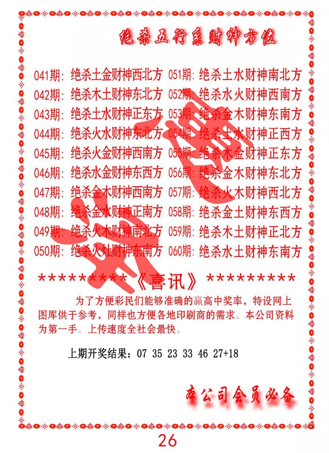 2025049期绝杀五行及财神方位