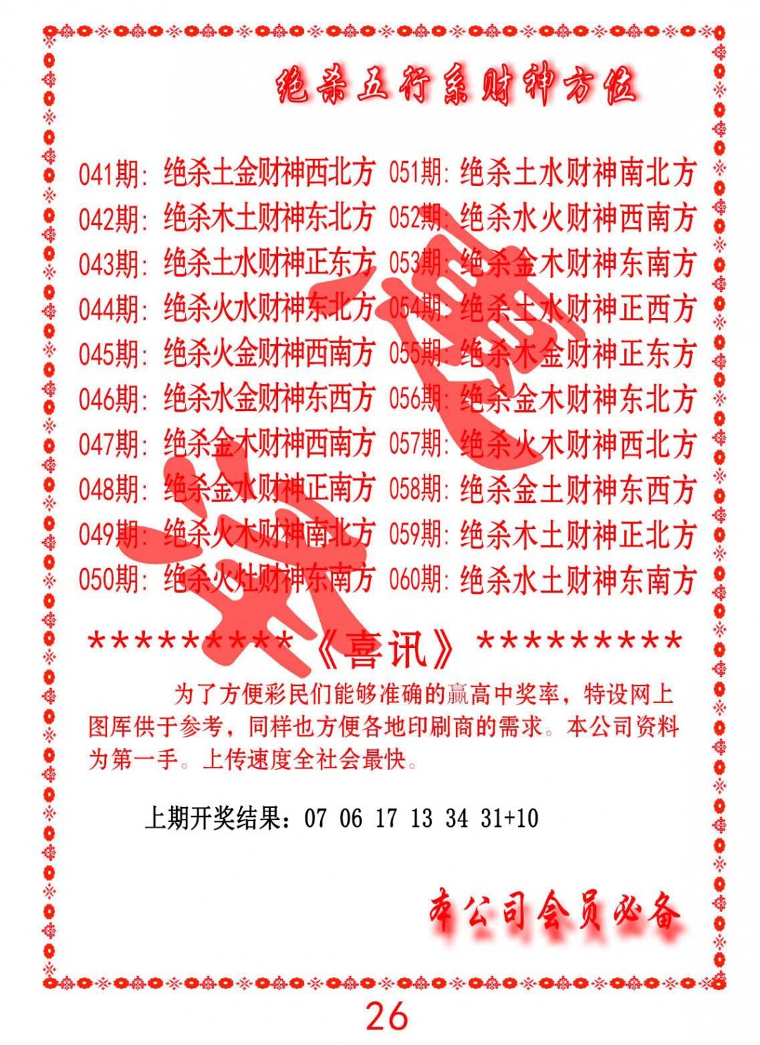 2025053期绝杀五行及财神方位