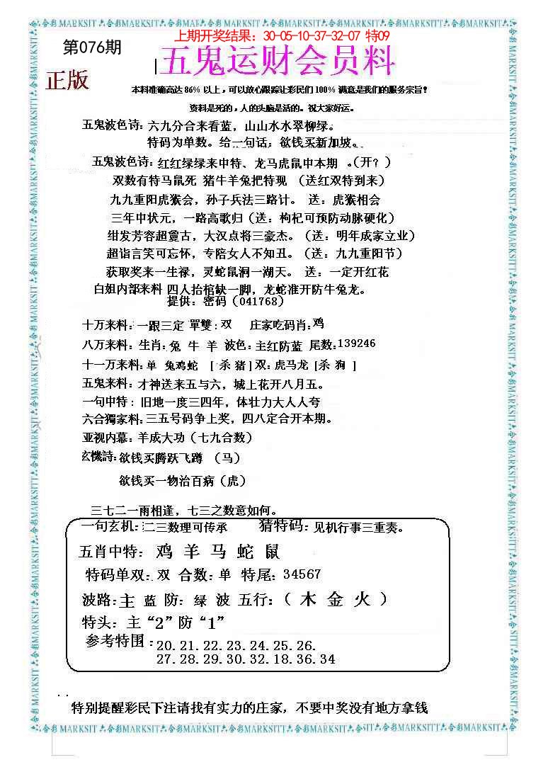 2025076期五鬼运财会员料