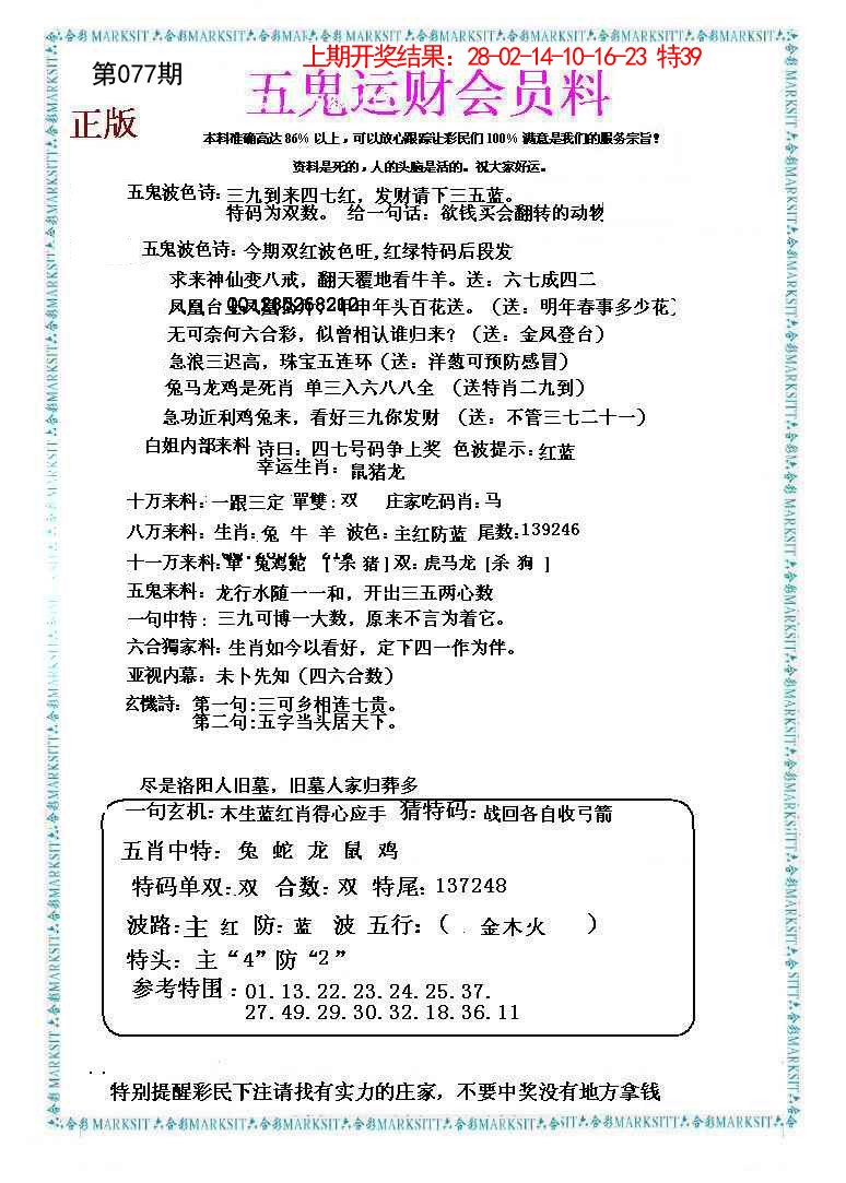 2025077期五鬼运财会员料
