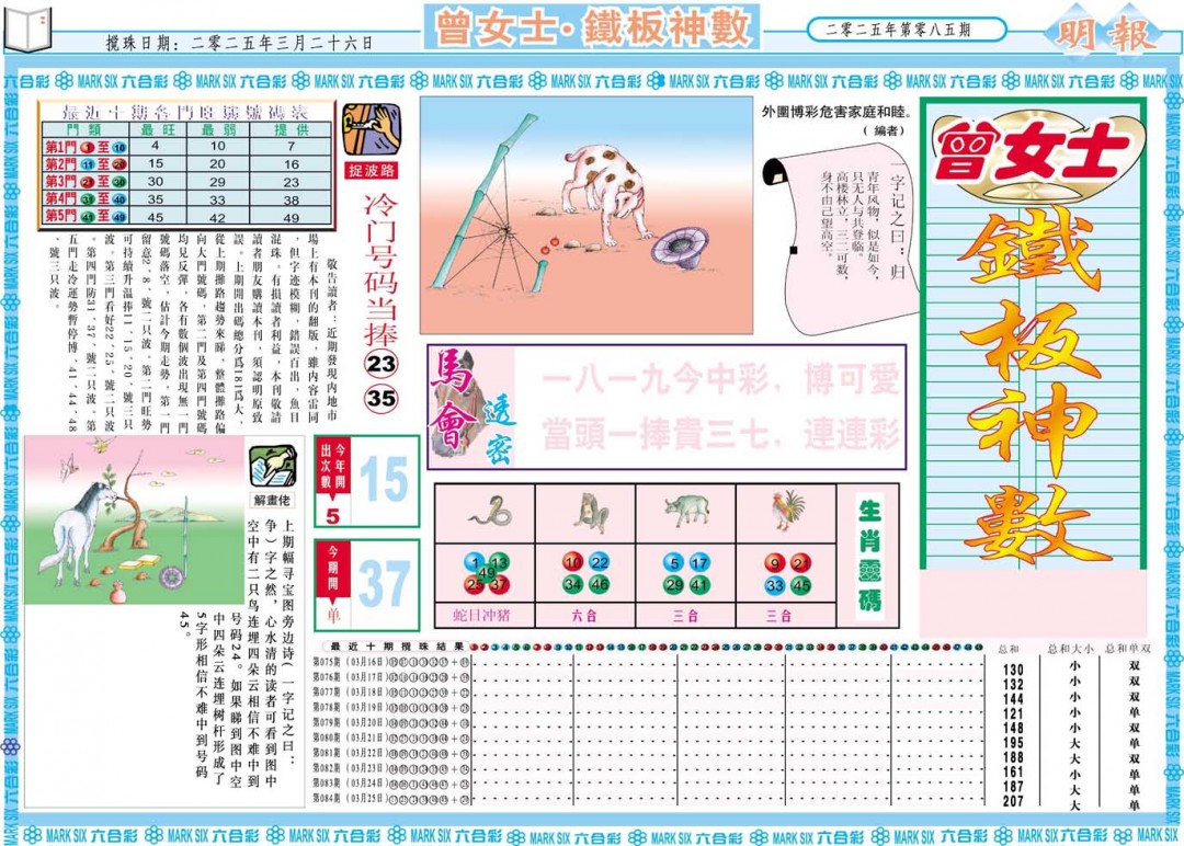 2025085期曾女士铁板神数A