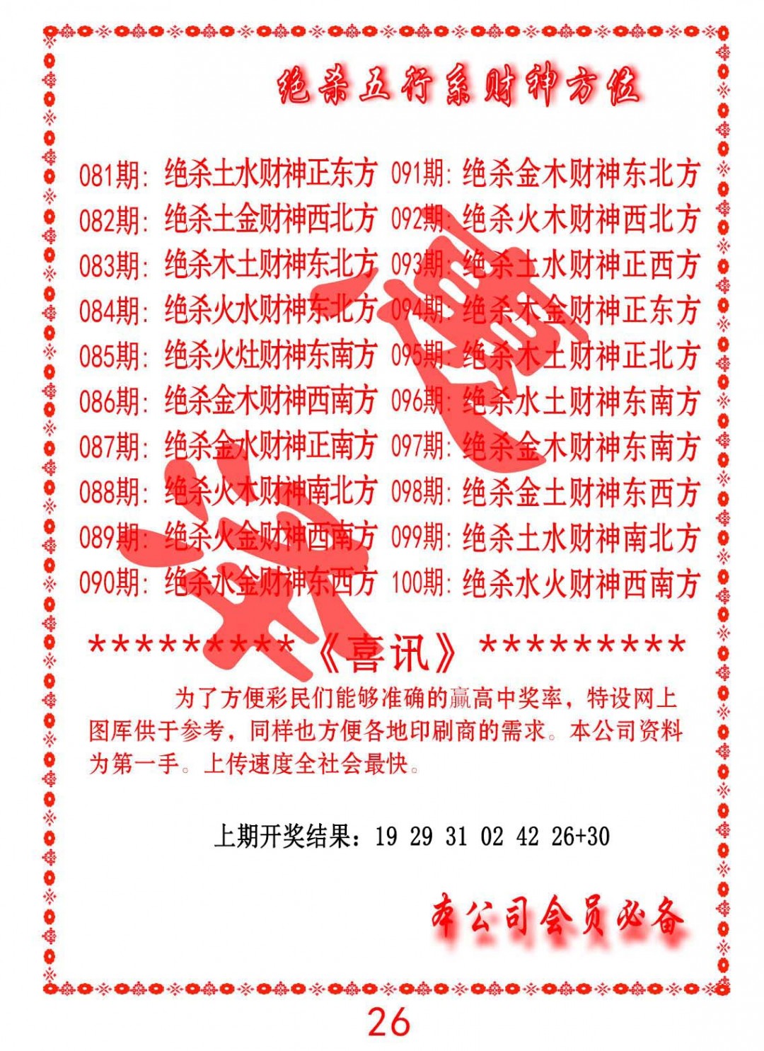 2025087期绝杀五行及财神方位