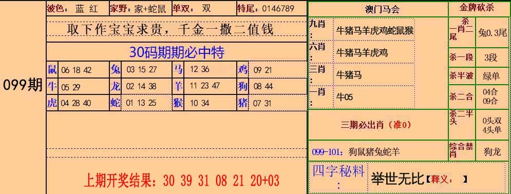 2025099期30码中特