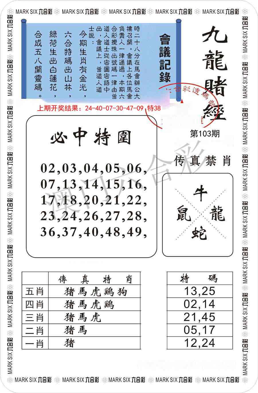 2025103期九龙赌经