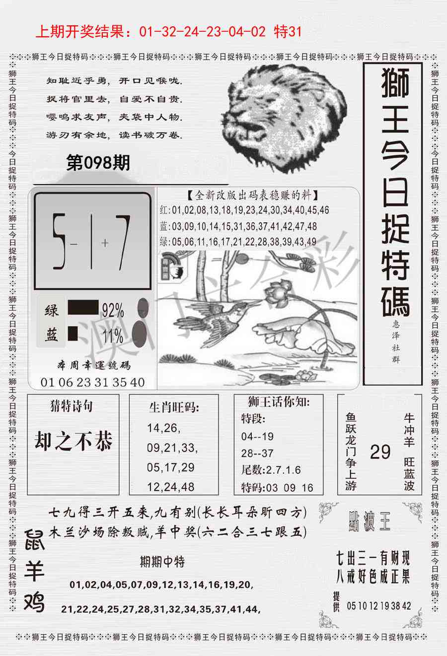 2025098期狮王今日抓特码