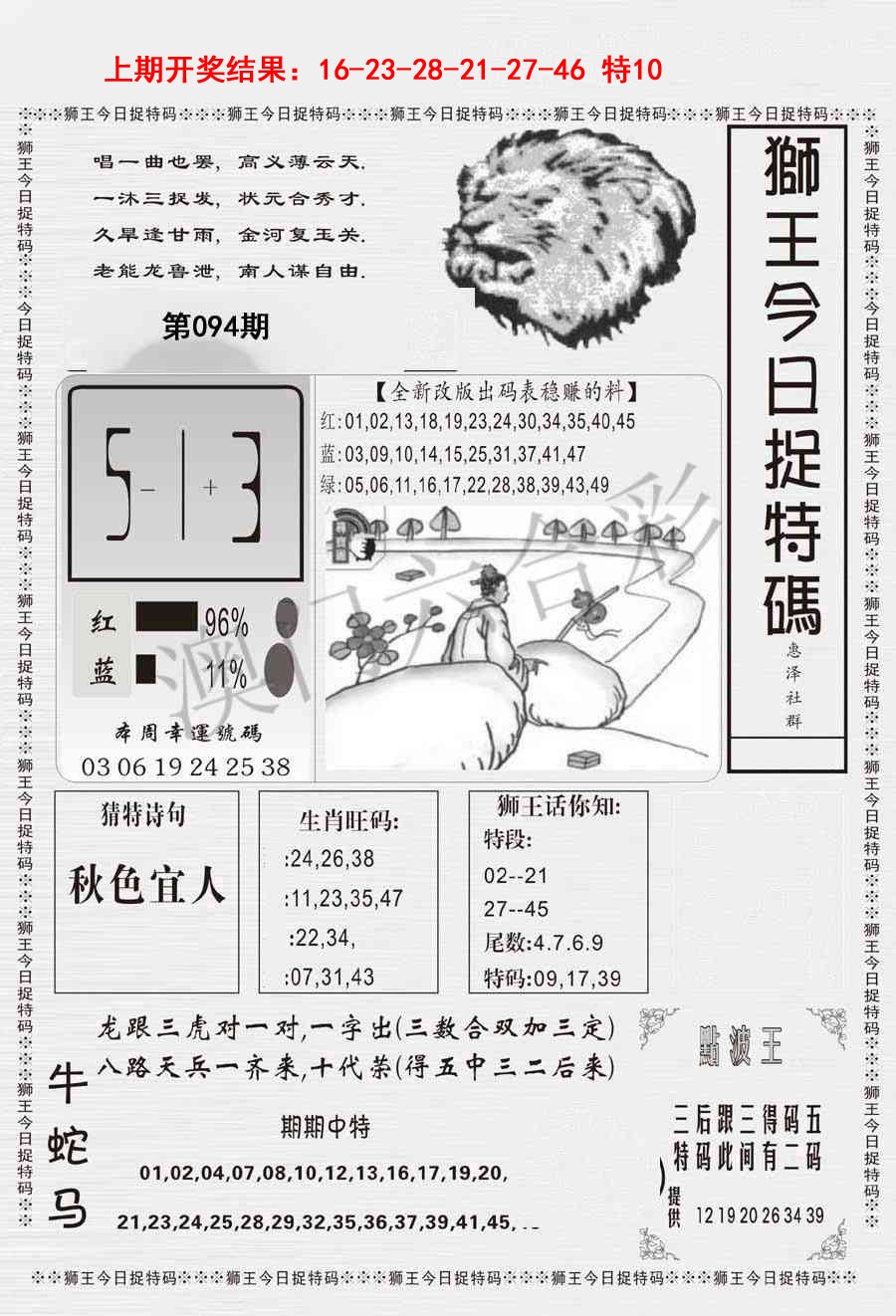 2025094期狮王今日抓特码