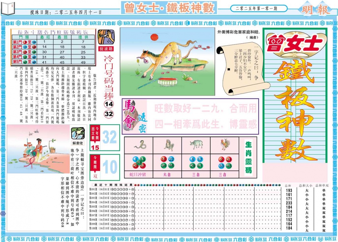 2025101期曾女士铁板神数A