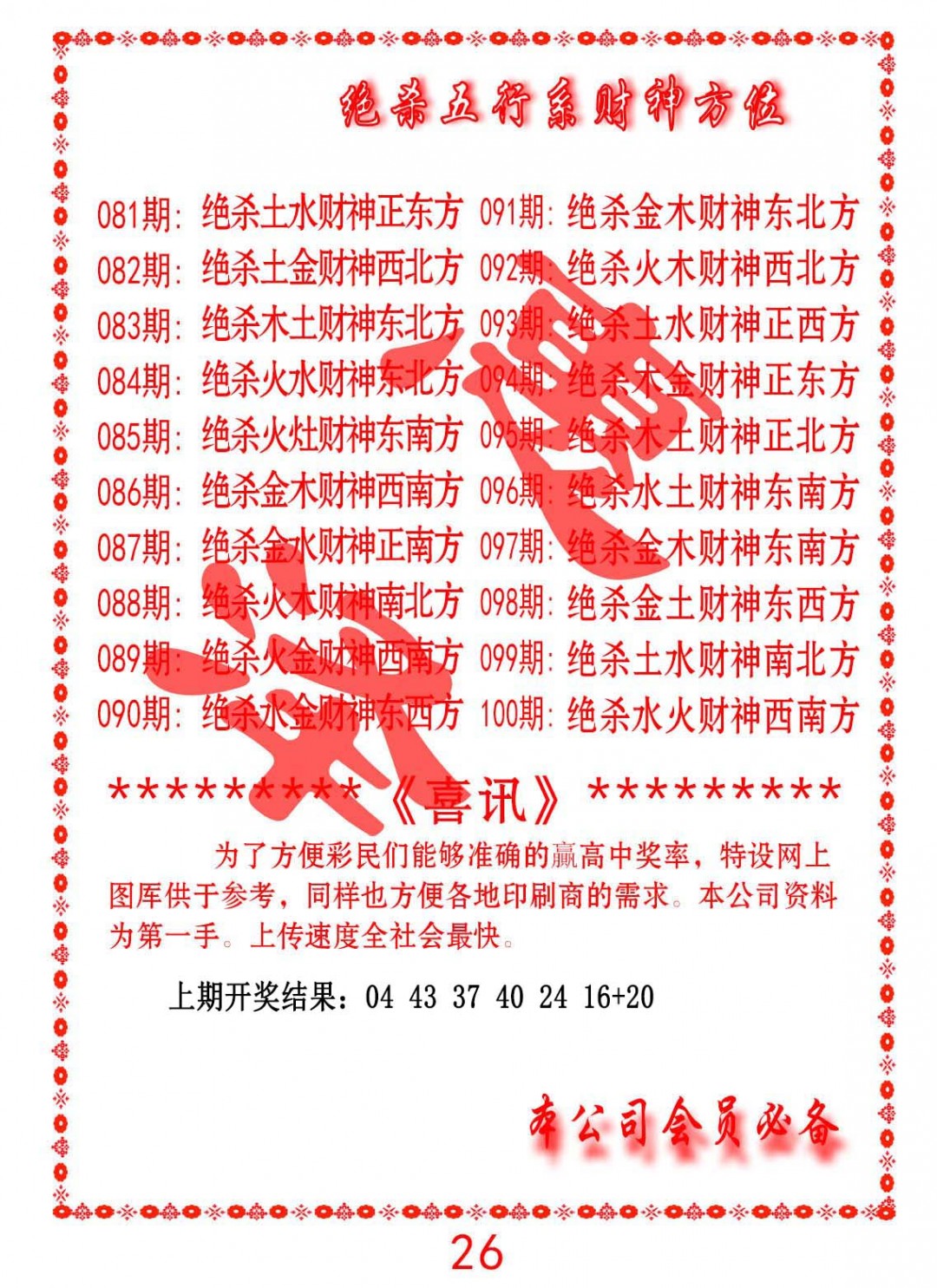 2025096期绝杀五行及财神方位