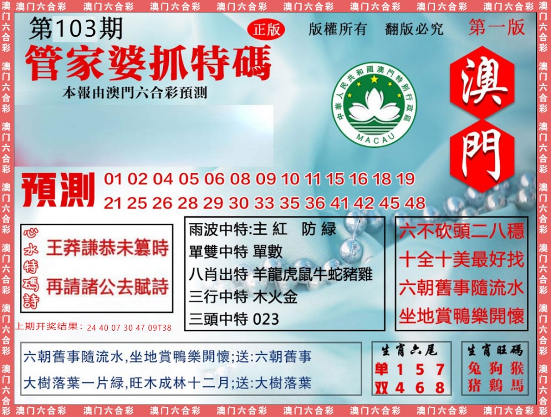 2025103期管家婆抓特